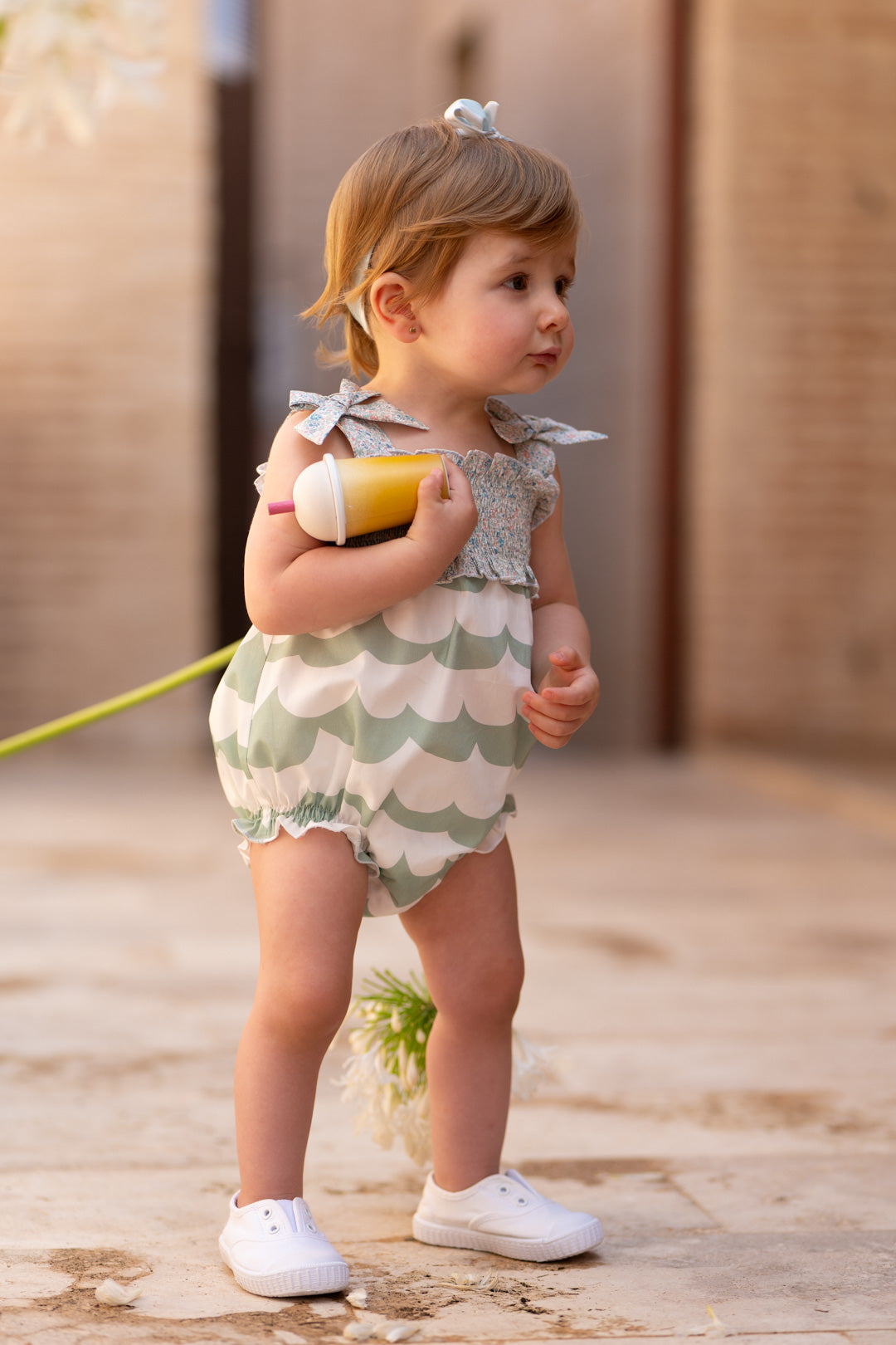 Pelele Bebé Cocote Ondas Verdes y Nido de Abeja Floral