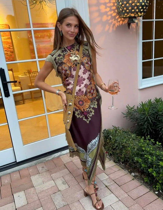 Vestido Midi Satinado con Flecos y Hombreras Modelo Jaspe - Lily Rose